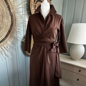 Gloria Moda Wrap Style Dress Brown 3/4 Sleeve Belted Midi